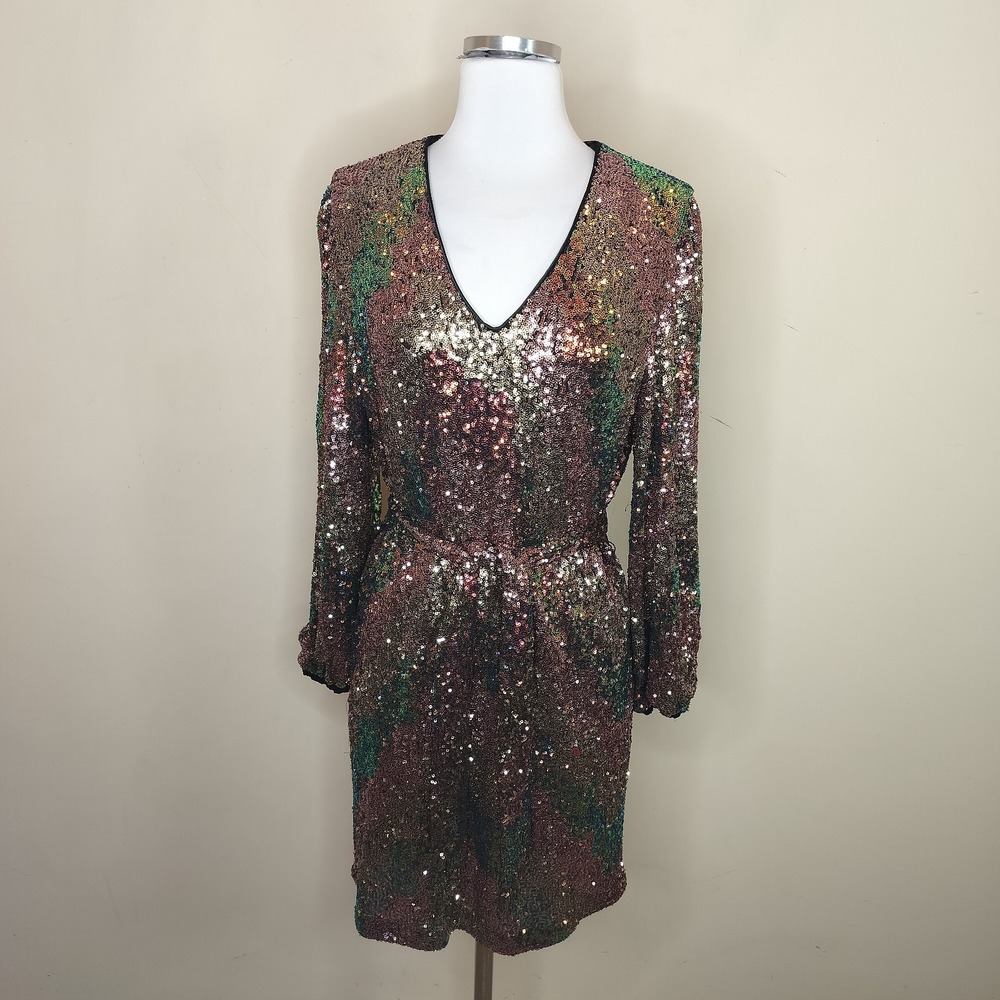Evereve Sequin Dress Long Sleeve Belted Colorful Party Cocktail